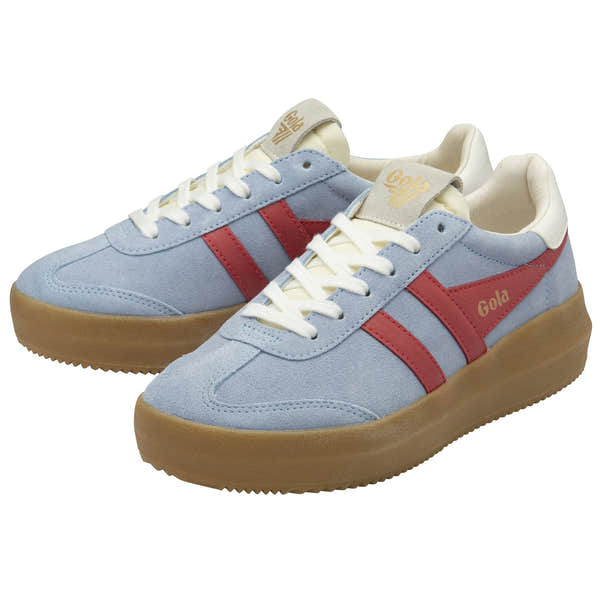 Gola Athena ladies trainers in air/coral/off-white/gum suede with red accents, lace-up design and chunky rubber sole.