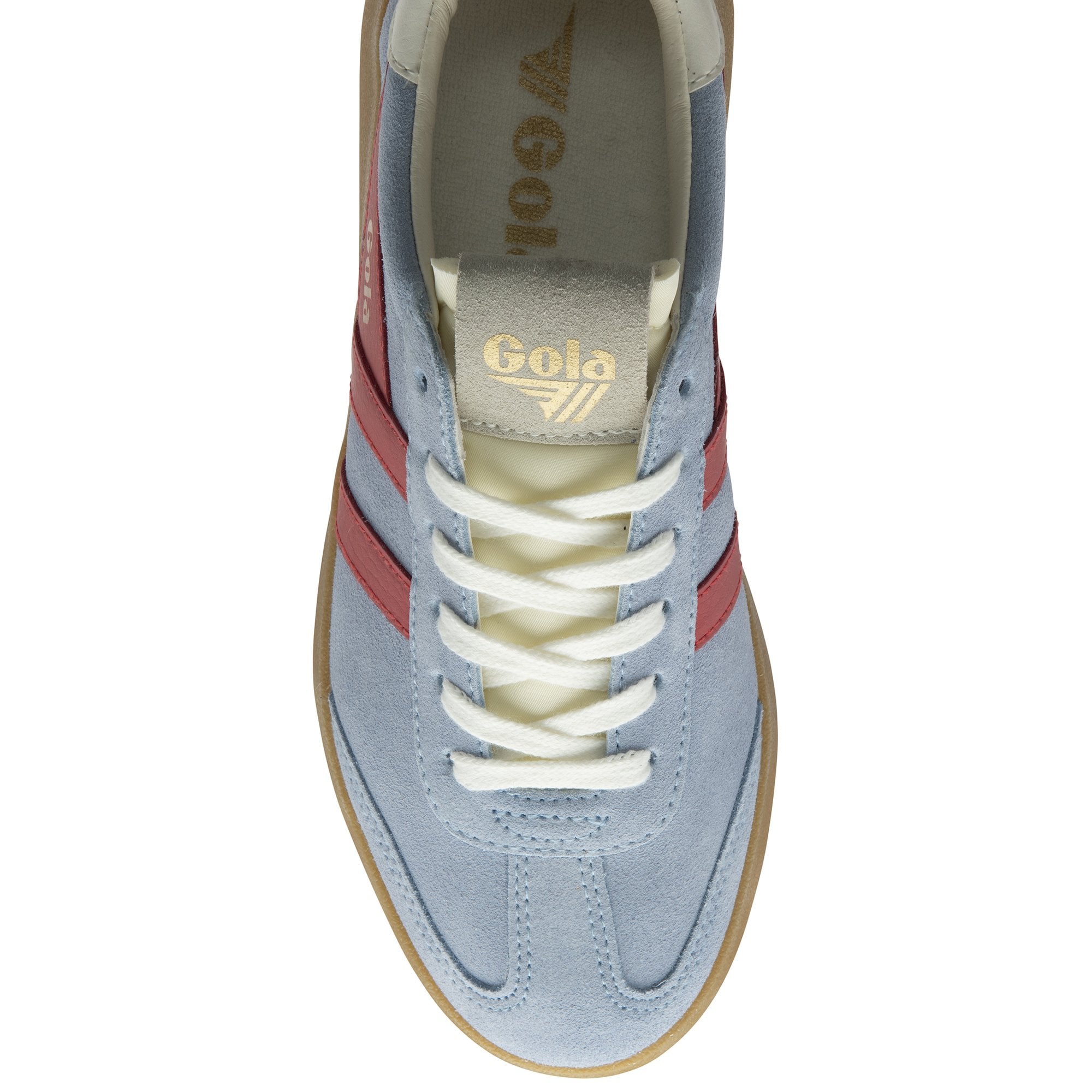 Gola Athena women's lace-up trainers in air, coral, off white, and gum suede with retro style, chunky sole, and colorful design.
