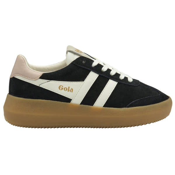 Gola Athena women's black, off-white, rose, and gum suede lace-up trainers with a thick rubber sole.