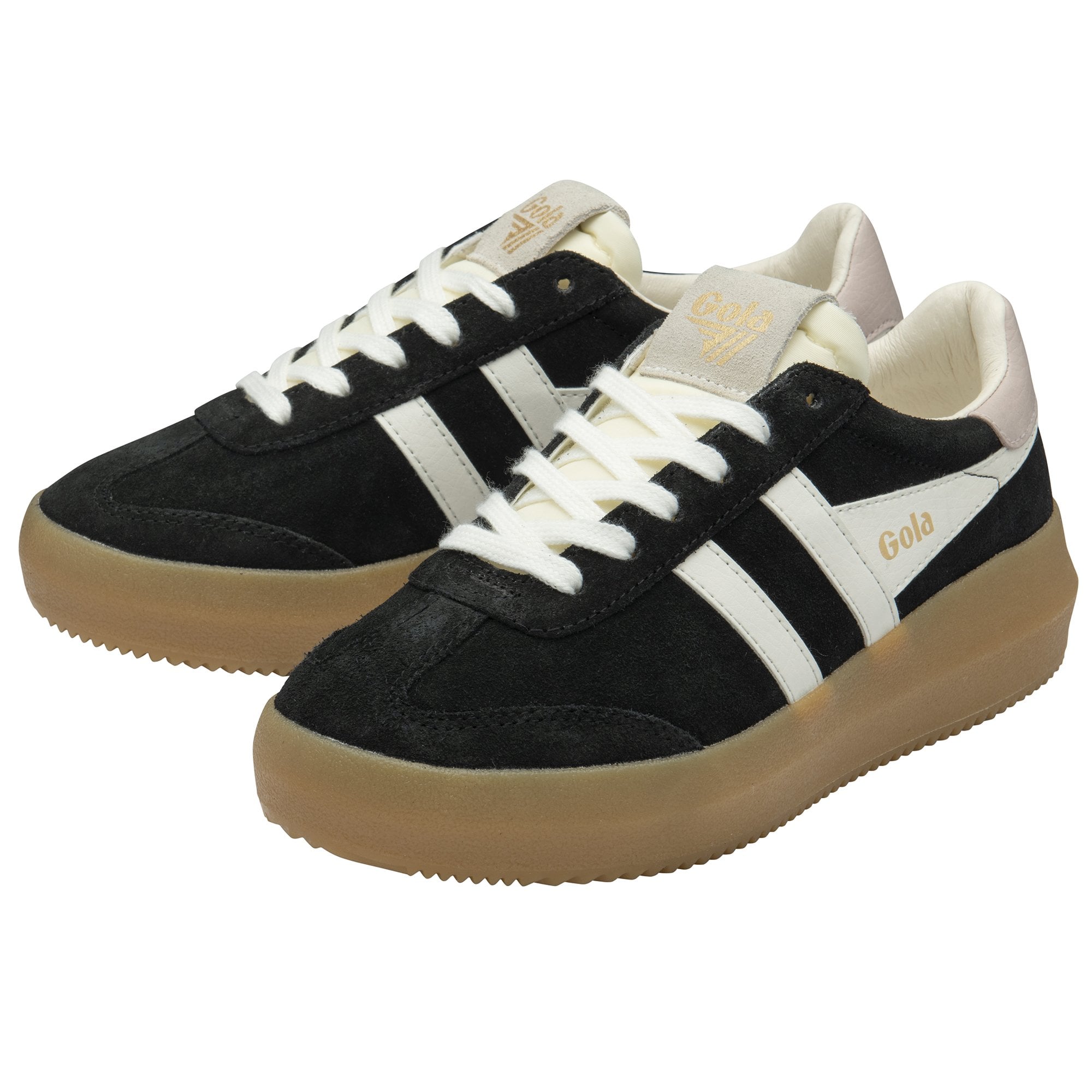 Gola Athena ladies black, off-white, rose, and gum suede lace-up trainers with sporty design and rubber sole.
