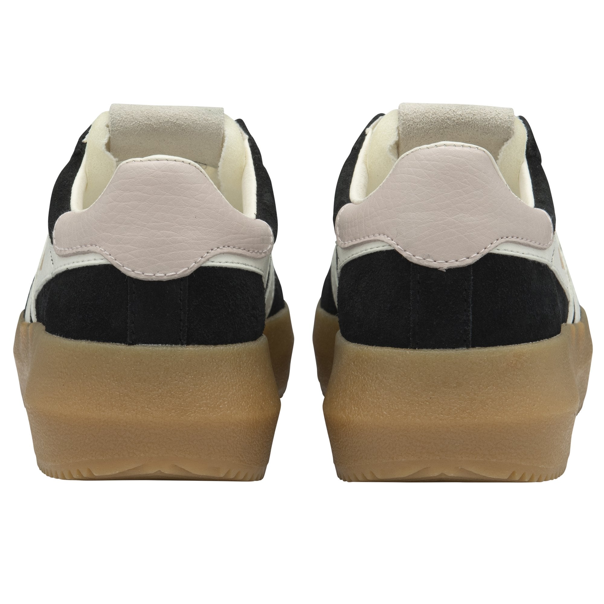 Gola Athena Ladies trainers in black, off-white, rose, and gum suede with lace-up design and chunky soles.