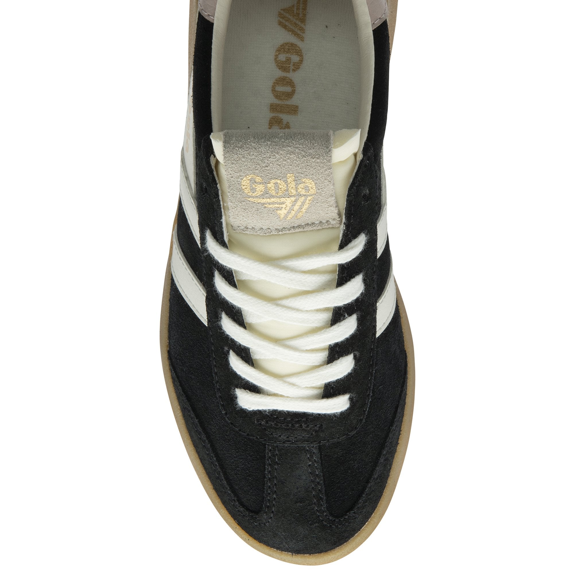 Gola Athena women's lace-up trainers in black, off-white, rose, and gum suede with white laces and retro sporty style.