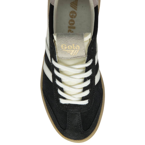 Gola Athena women's lace-up trainers in black, off-white, rose, and gum suede with white laces and retro sporty style.