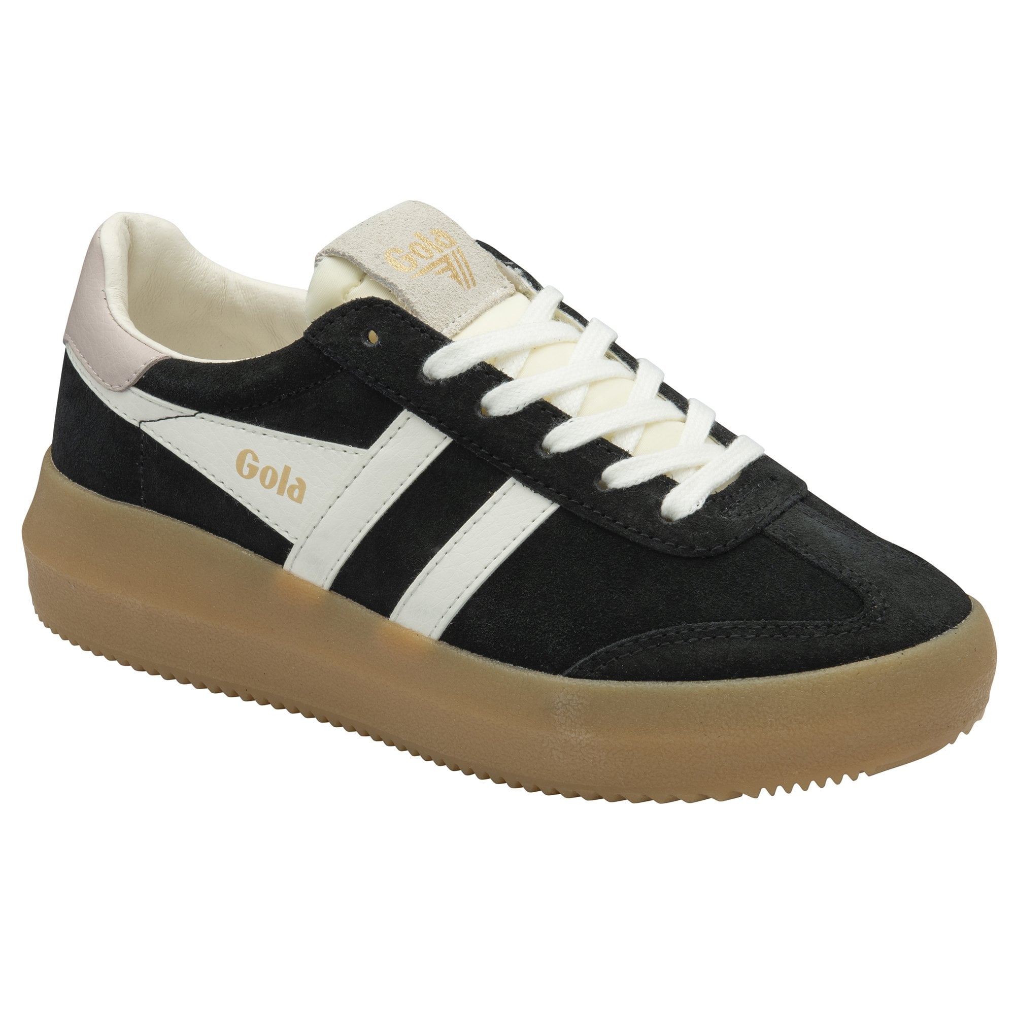 Gola Athena ladies black, off-white, rose, and gum suede lace-up trainers with retro style and chunky rubber sole.
