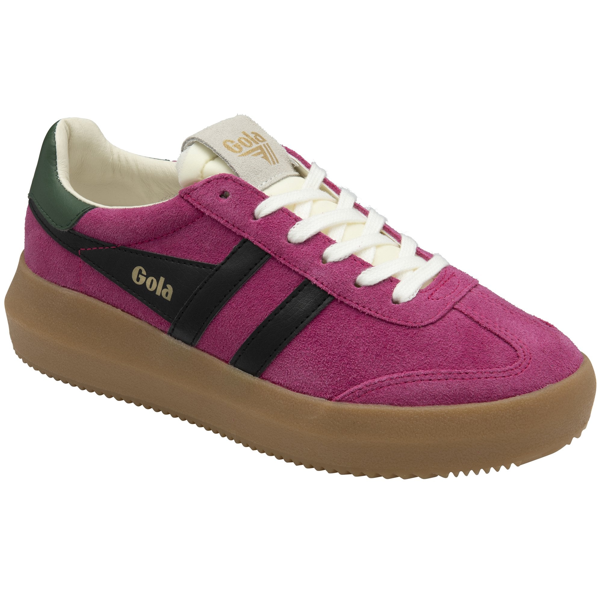 Gola Athena ladies' lace-up trainers in fuchsia, black, and evergreen with gum sole, suede upper, and white laces.