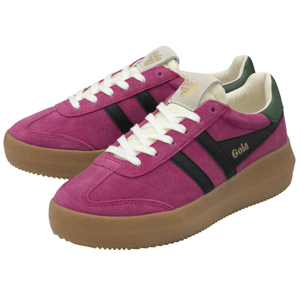 Gola Athena Ladies Fuchsia, Black, and Evergreen suede lace-up trainers with gum rubber soles.