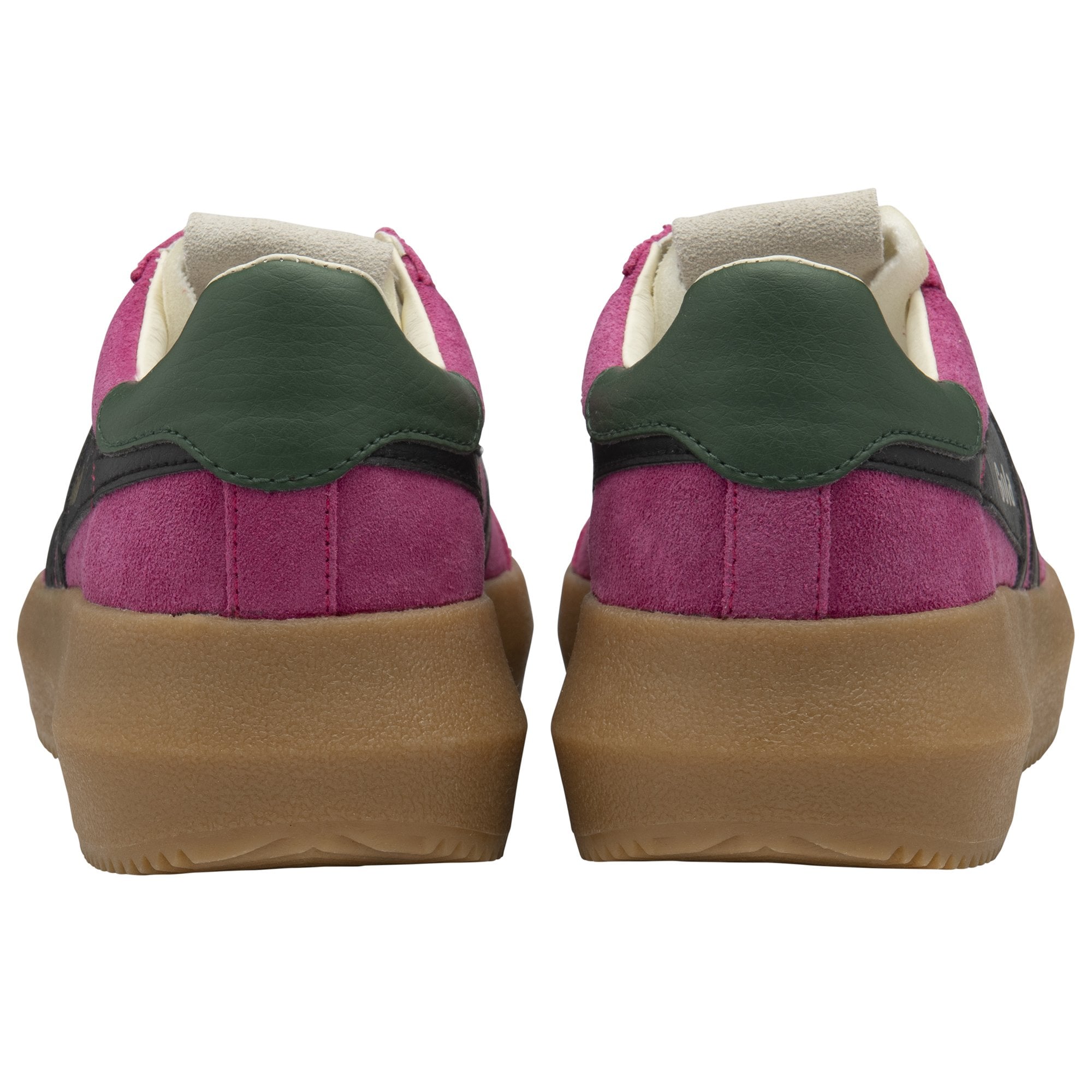 Gola Athena Ladies trainers in fuchsia, black, evergreen, and gum suede with lace-up design and chunky gum sole.
