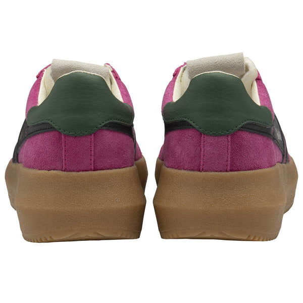 Gola Athena Ladies trainers in fuchsia, black, evergreen, and gum suede with lace-up design and chunky gum sole.