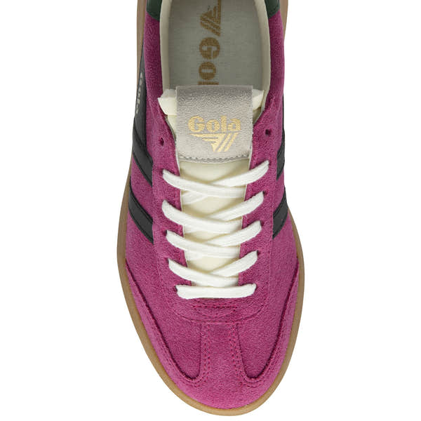 Gola Athena ladies' lace-up trainers in fuchsia, black, and evergreen suede with white laces and gum sole.