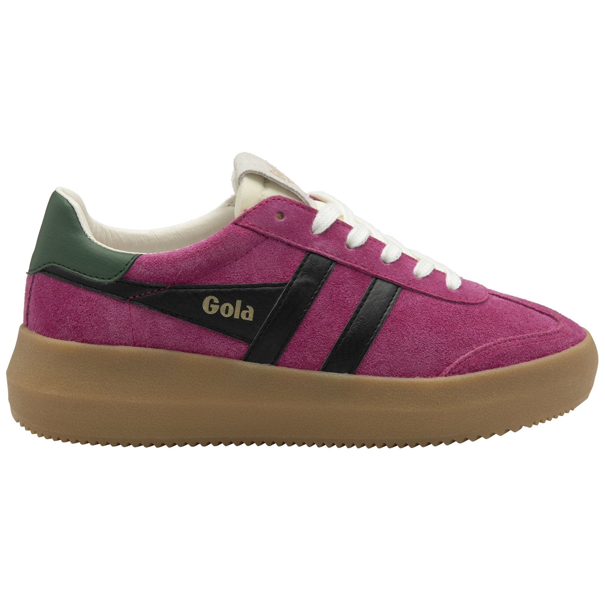Gola Athena ladies trainers in fuchsia, black, evergreen, gum suede, lace-up design with beige sole.