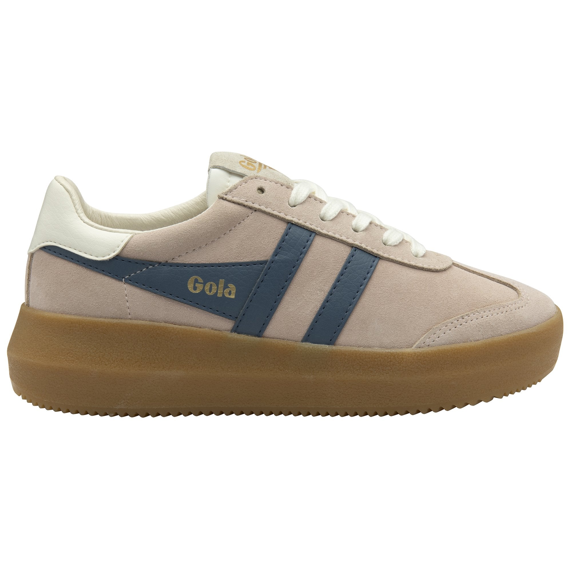 Gola Athena Ladies suede lace-up trainers in rose, off-white, moonlight, with blue accents and gum sole.