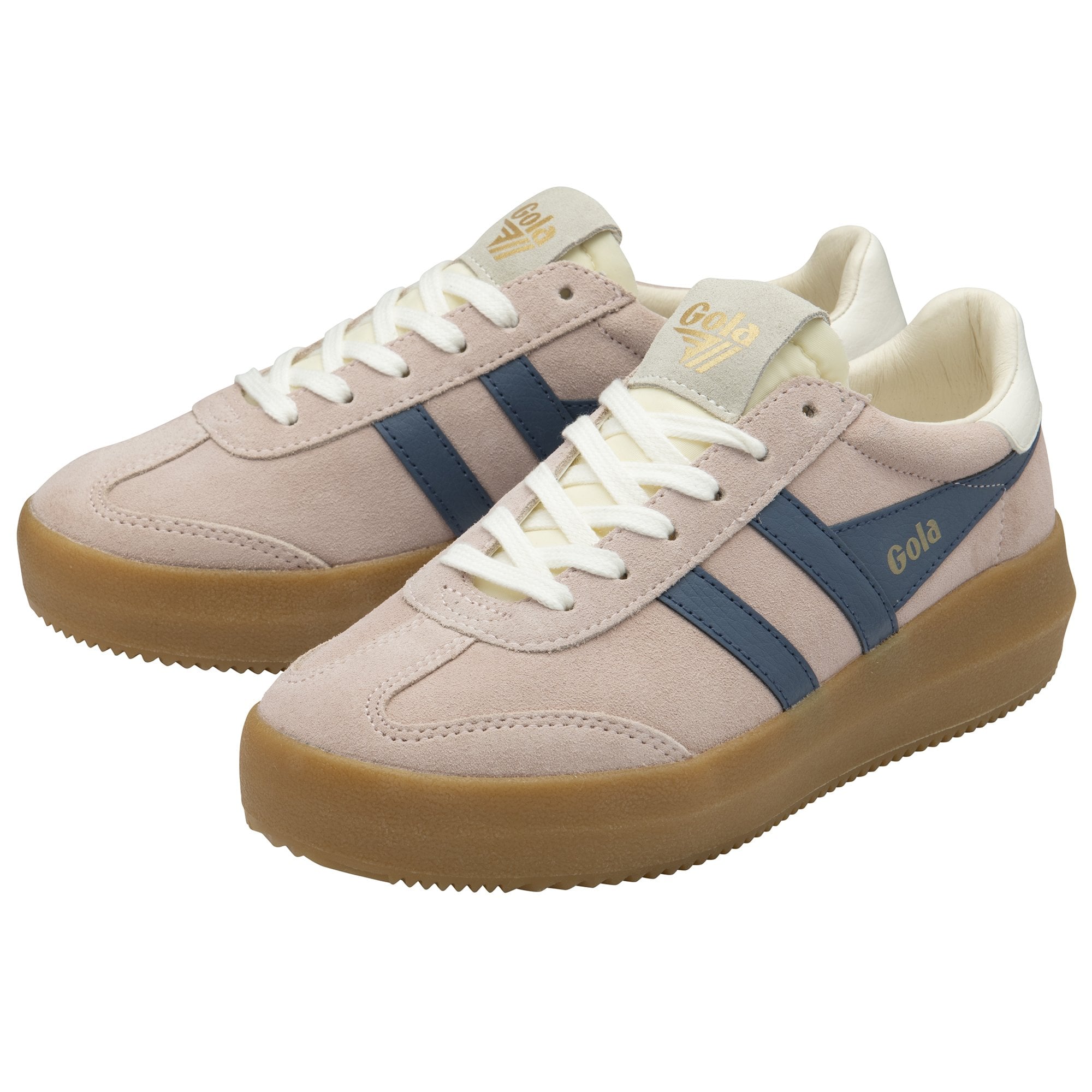 Ladies Gola Athena Rose, Moonlight, Off White, and Gum Suede Lace-Up Trainers with navy stripes and cushioned interior.