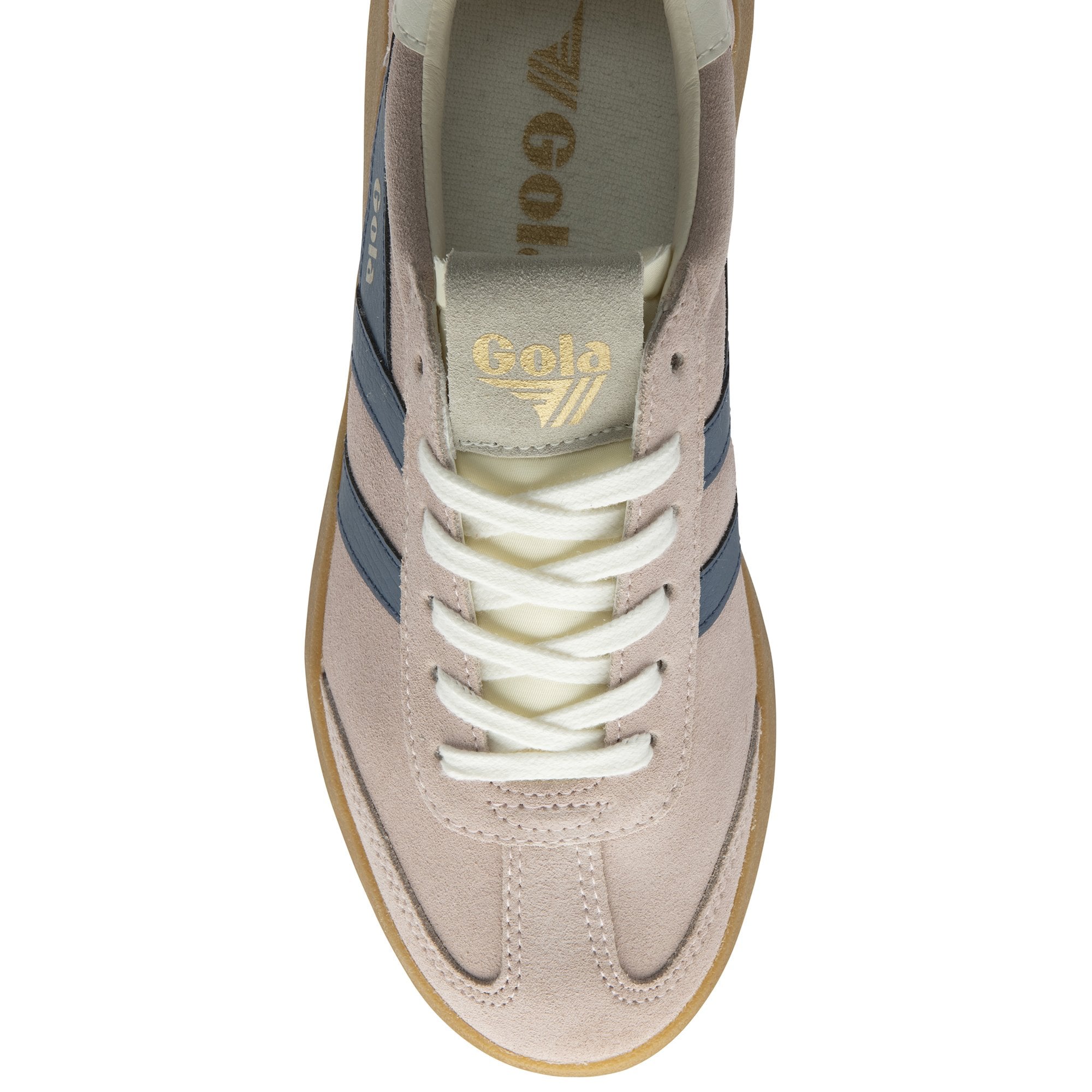 Gola Athena women's lace-up trainers in rose, moonlight, off-white, with gum suede detailing and navy stripes.