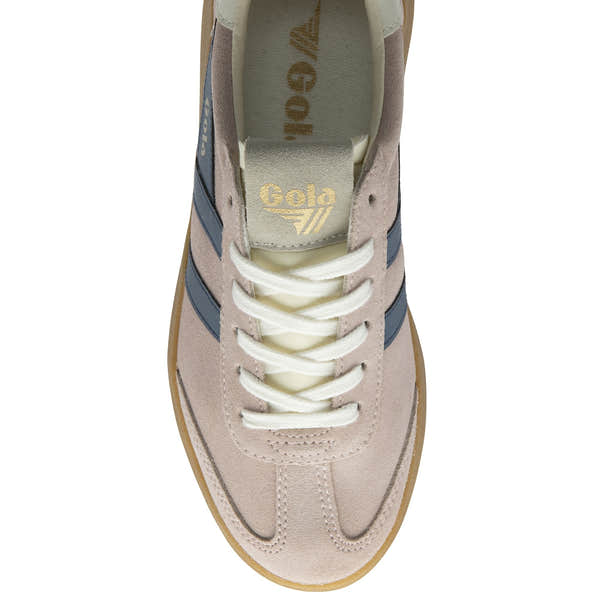 Gola Athena women's lace-up trainers in rose, moonlight, off-white, with gum suede detailing and navy stripes.