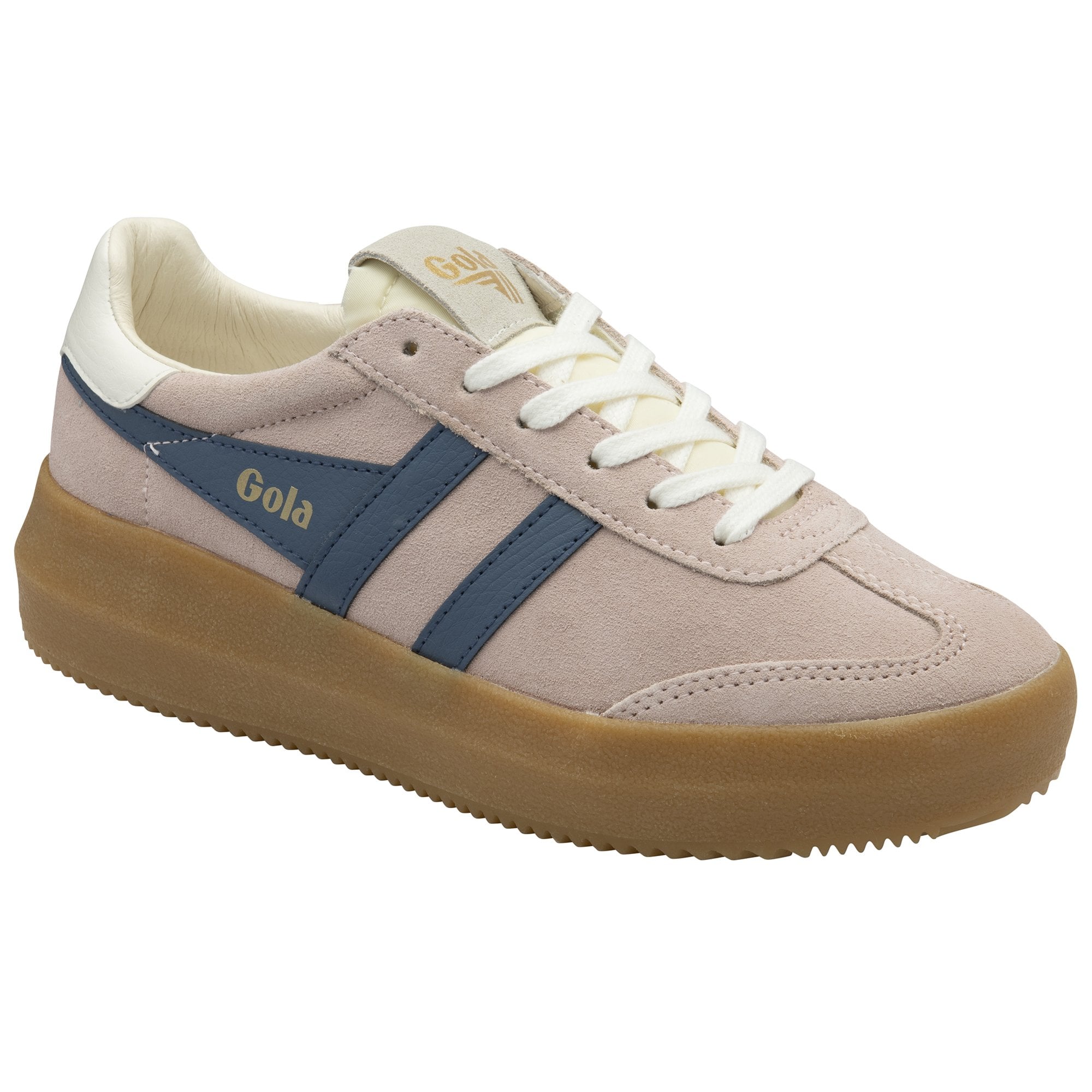 Gola Athena ladies lace-up trainers with rose, off-white, and moonlight suede details, gum sole, and blue accents.