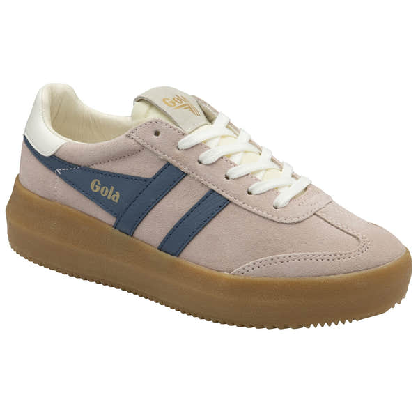 Gola Athena ladies lace-up trainers with rose, off-white, and moonlight suede details, gum sole, and blue accents.