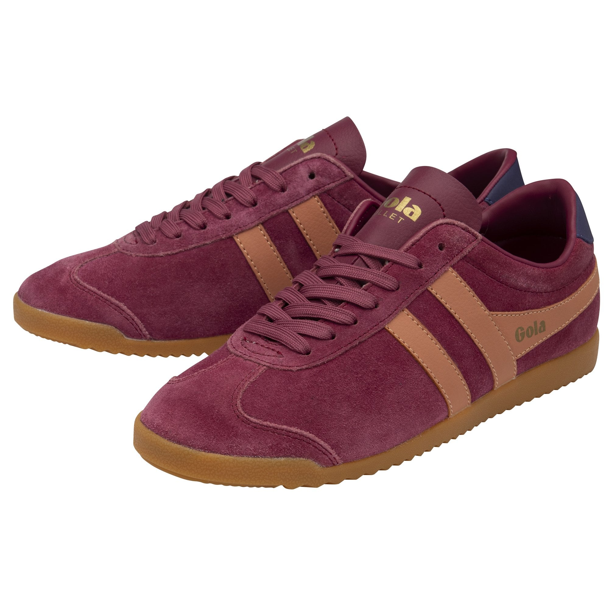 Gola Bullet Ladies Suede Trainers in Cerise, Terracotta, and Plum with lace-up design and rubber sole.