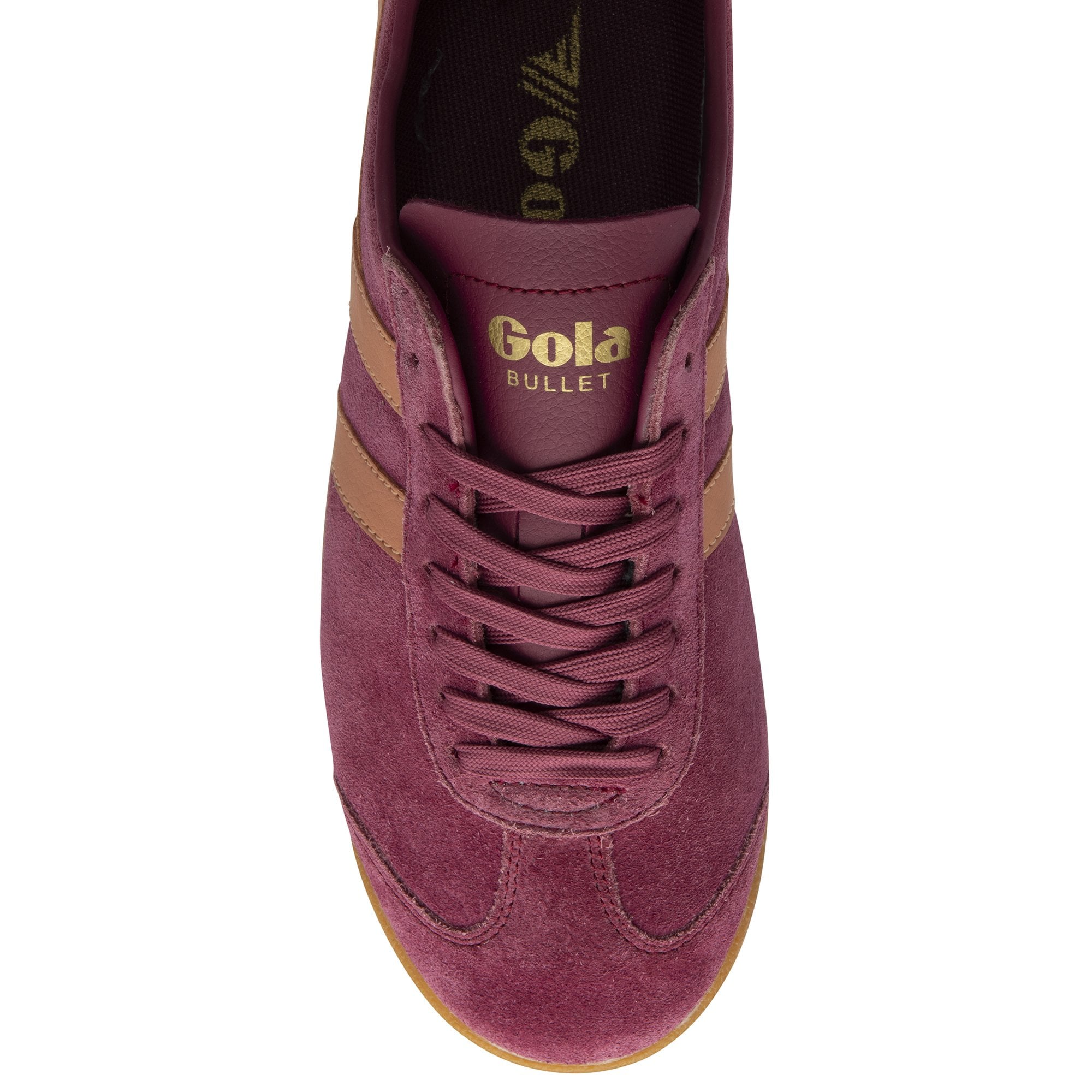 Gola Bullet ladies suede trainers in cerise, terracotta, and plum with lace-up design and tan accents.