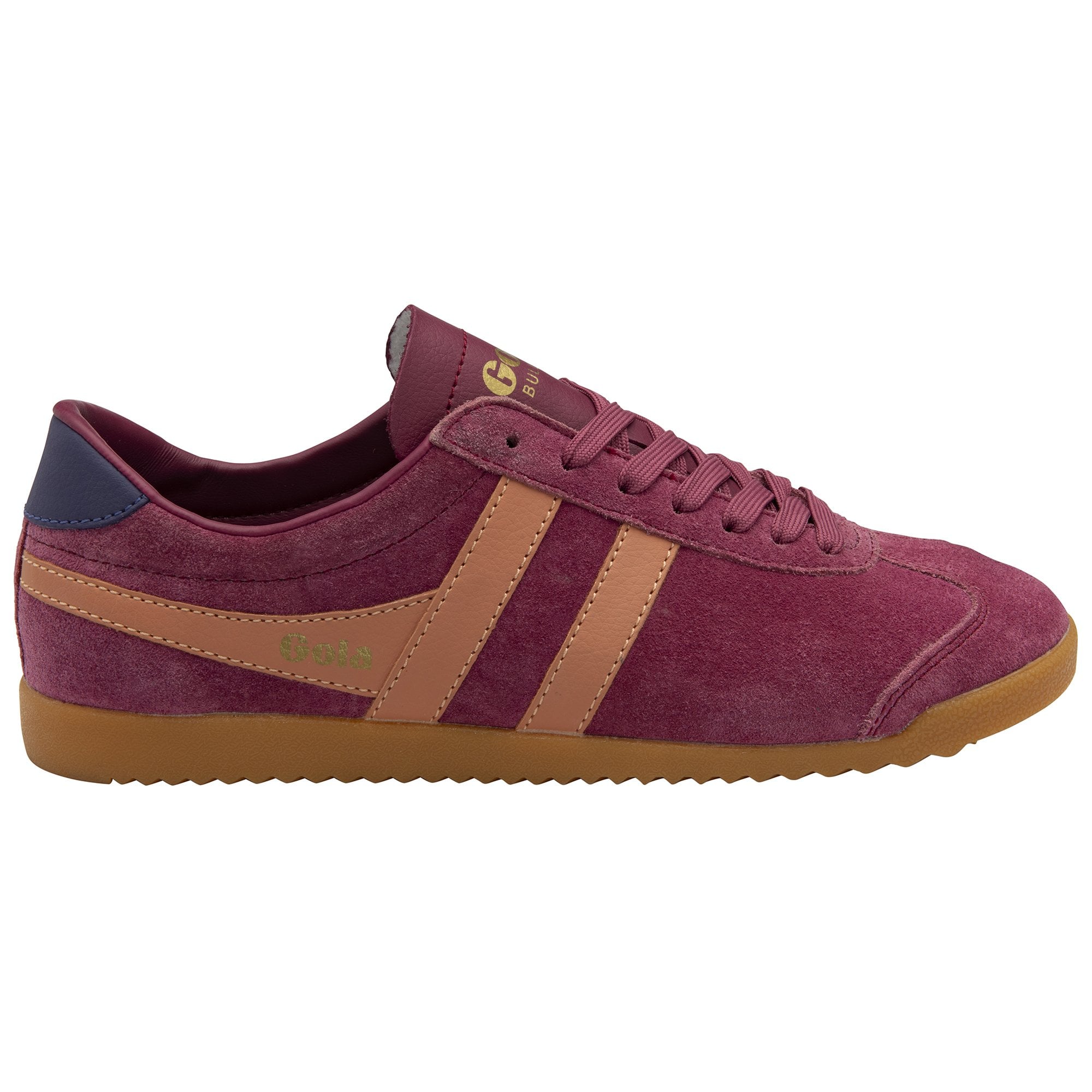 Gola Bullet Ladies Suede Trainers in Cerise, Terracotta, and Plum with lace-up design and gum sole.