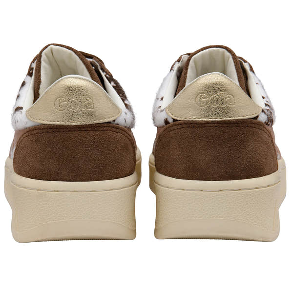 Gola CLB116 Grandslam Savanna Ladies trainers with Dalmatian, Otter, and Cameo lace-up design, beige, brown, and animal print accents.