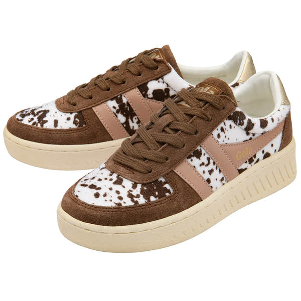 Gola CLB116 Grandslam Savanna ladies' lace-up trainers with dalmatian/otter/cameo animal print, brown suede and pink accents.