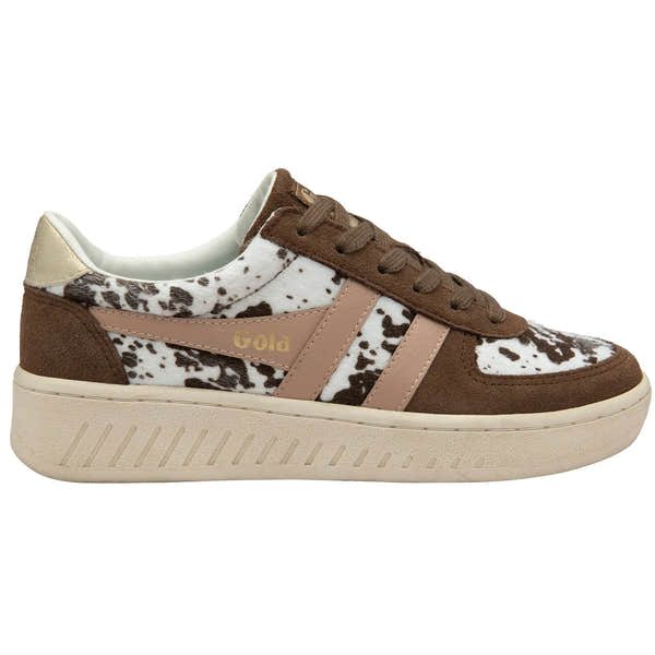 Gola CLB116 Grandslam Savanna women's lace-up trainers with dalmatian, otter, and cameo lace details, beige and brown accents.