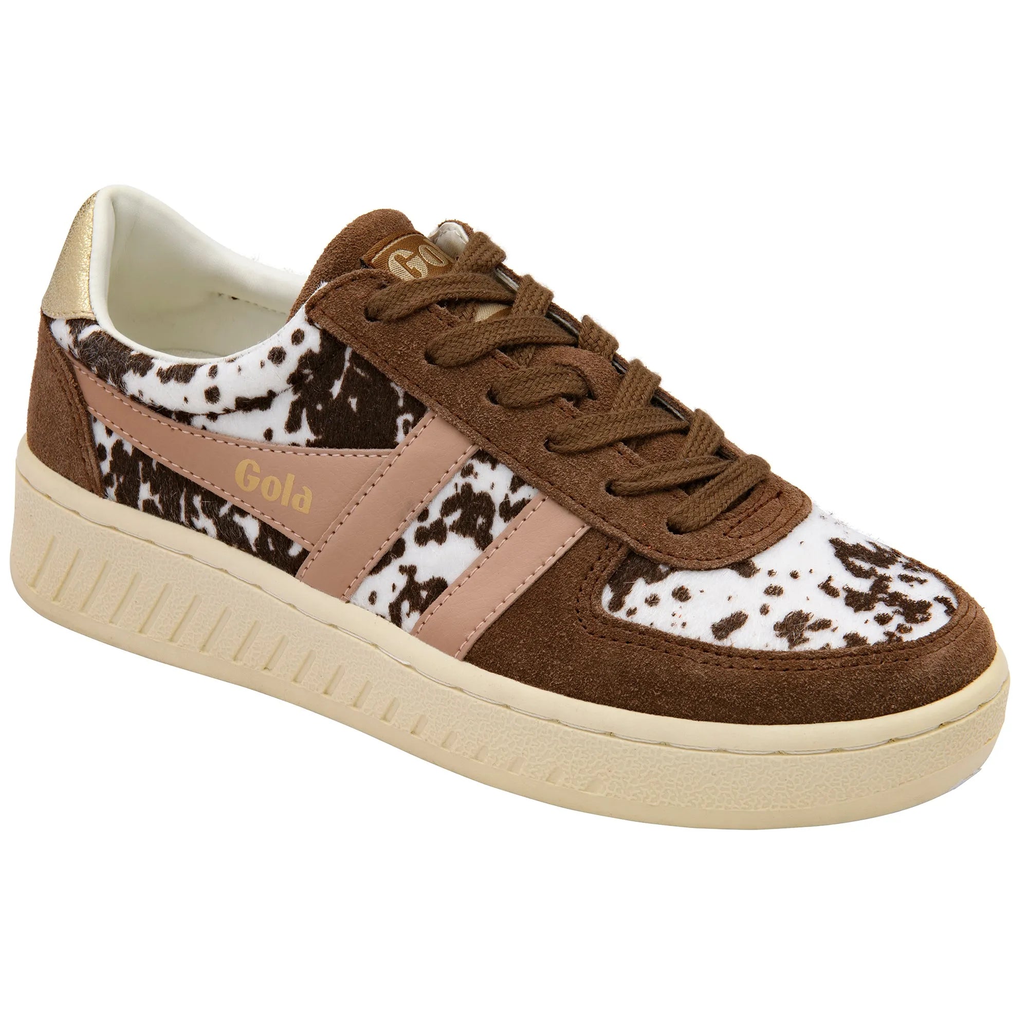 Gola CLB116 Grandslam Savanna women's lace-up trainers with Dalmatian/otter/cameo print, brown suede accents, and cushioned sole.