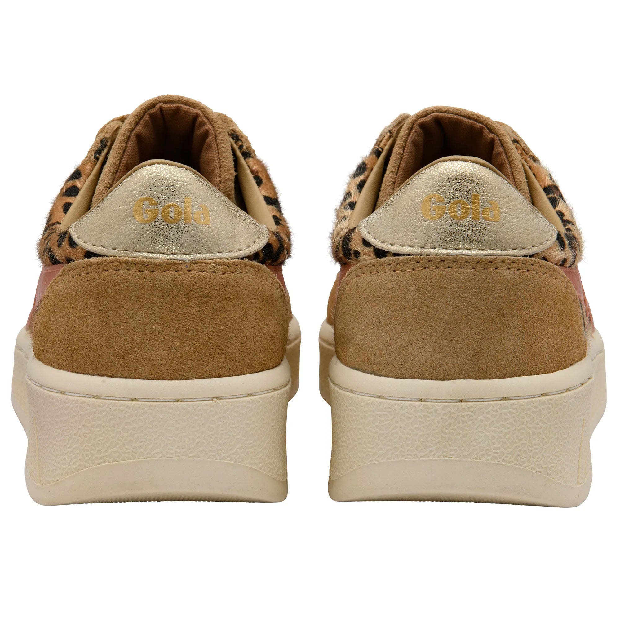 Gola CLB116 Grandslam Savanna Ladies leopard and light caramel lace-up trainers, with terracotta accents and thick white soles.