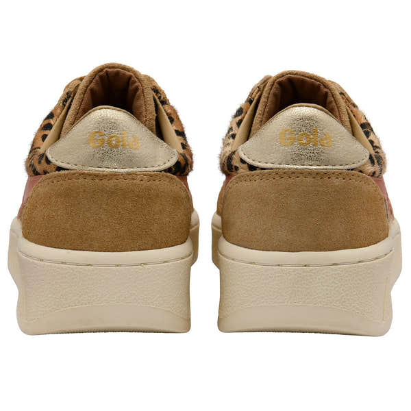 Gola CLB116 Grandslam Savanna Ladies leopard and light caramel lace-up trainers, with terracotta accents and thick white soles.