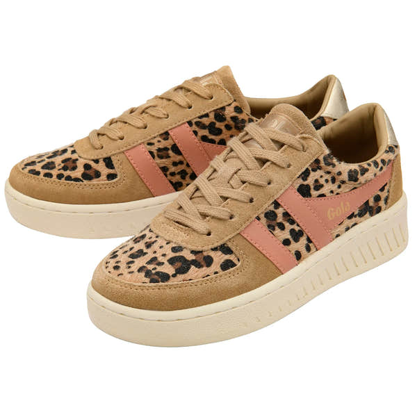 Gola CLB116 Grandslam Savanna ladies leopard-print lace-up trainers with tan and pink accents.