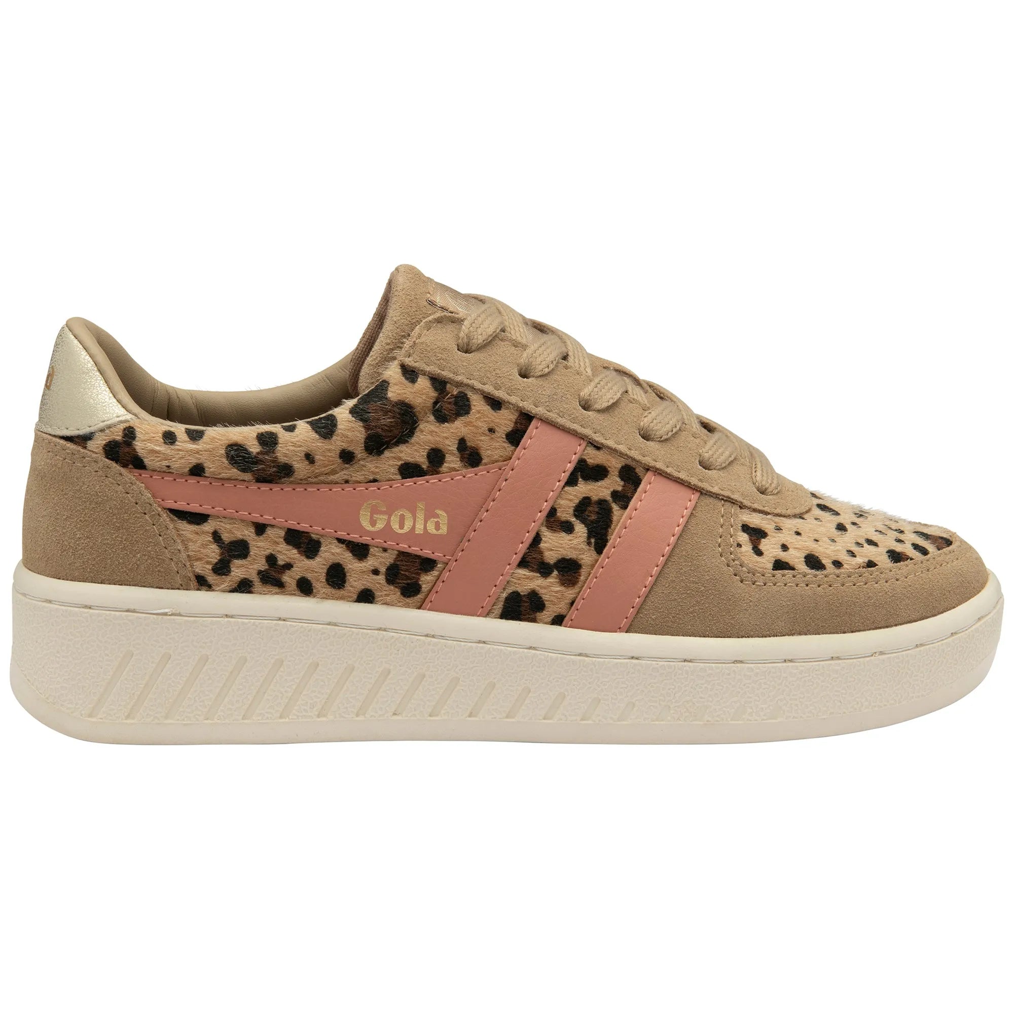 Gola CLB116 Grandslam Savanna ladies’ leopard print lace-up trainers with pink and beige accents and a white sole.