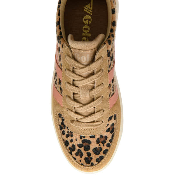 Gola CLB116 Grandslam Savanna women's leopard-print, light caramel, terracotta lace-up trainers with pink accents.