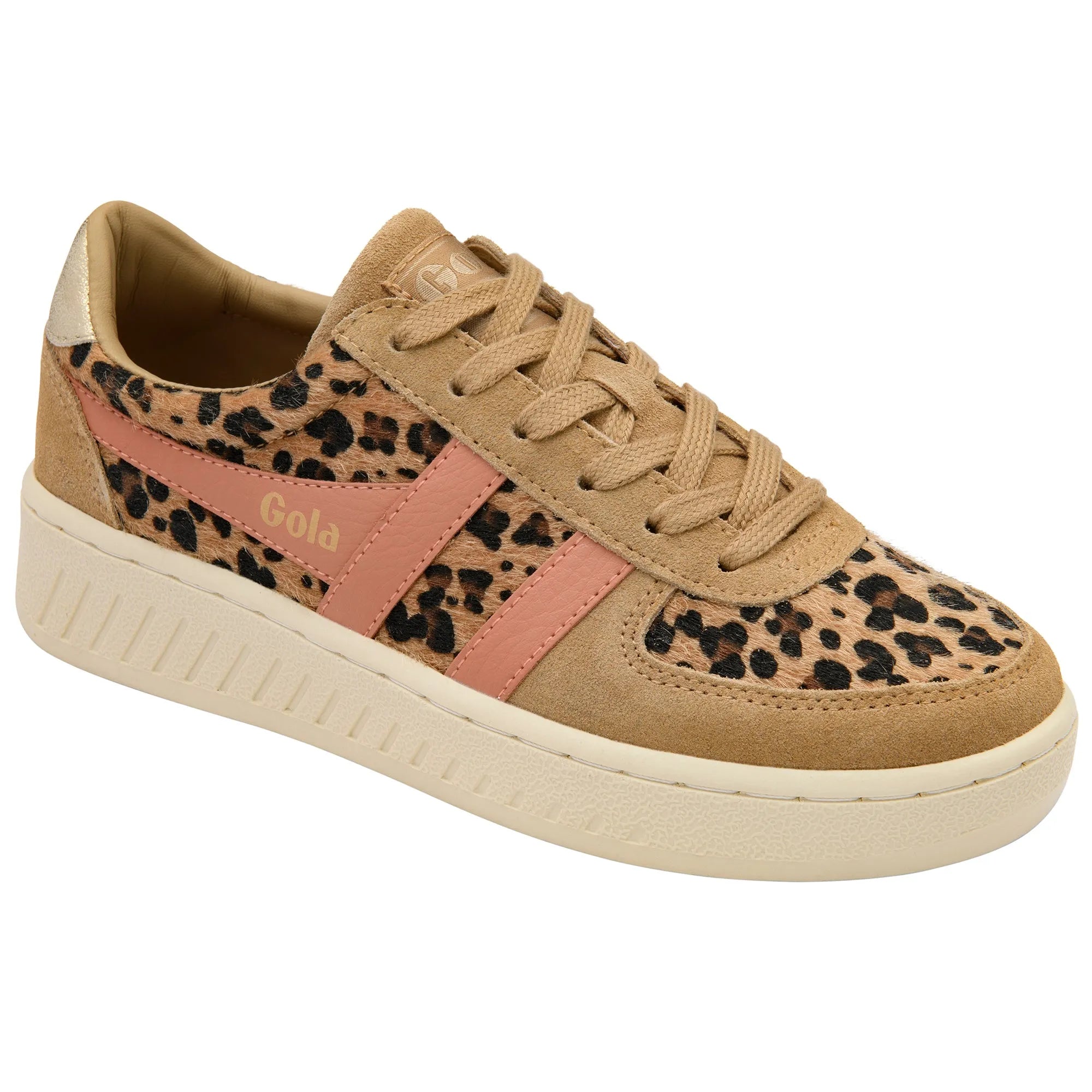 Gola CLB116 Grandslam Savanna women's leopard print light caramel and terracotta lace-up trainers with pink accents.