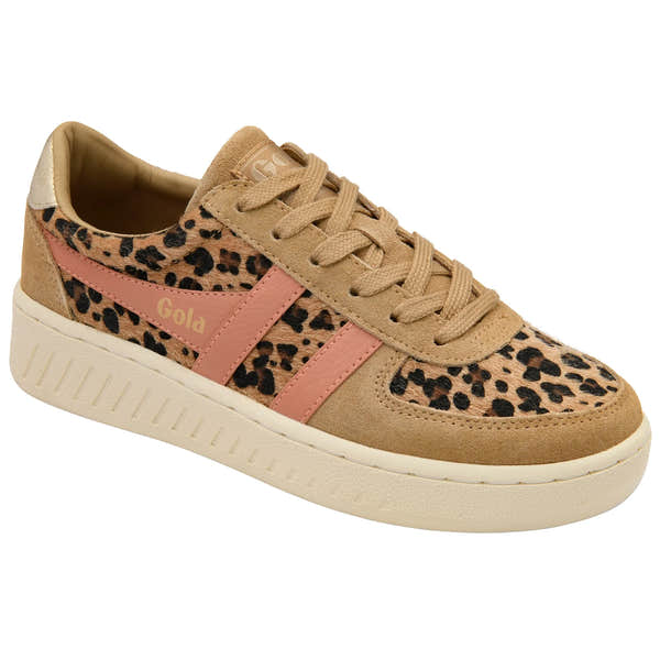 Gola CLB116 Grandslam Savanna women's leopard print light caramel and terracotta lace-up trainers with pink accents.