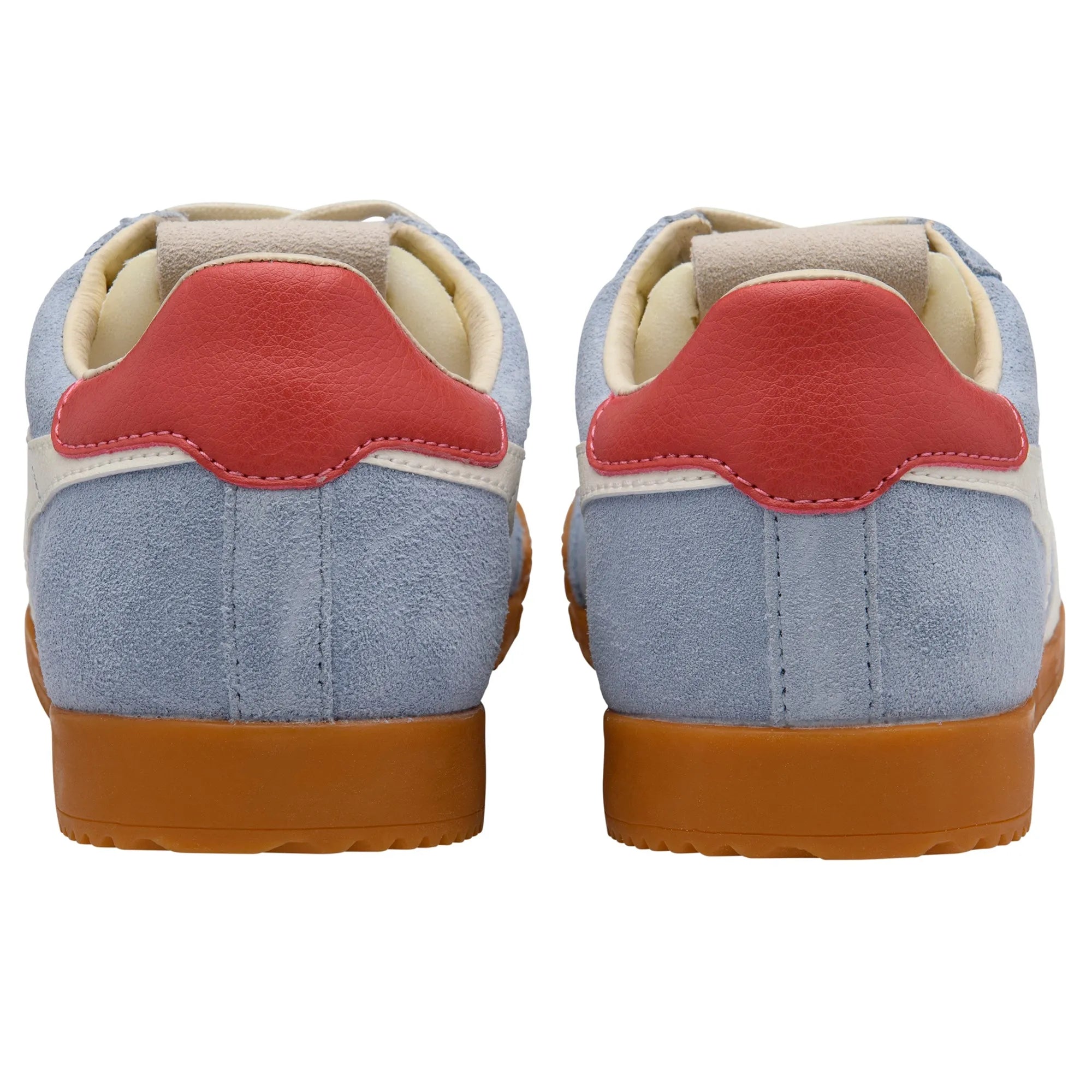 Gola CLB538 Elan ladies leather trainers in off-white, coral, and light blue with lace-up design and gum sole.