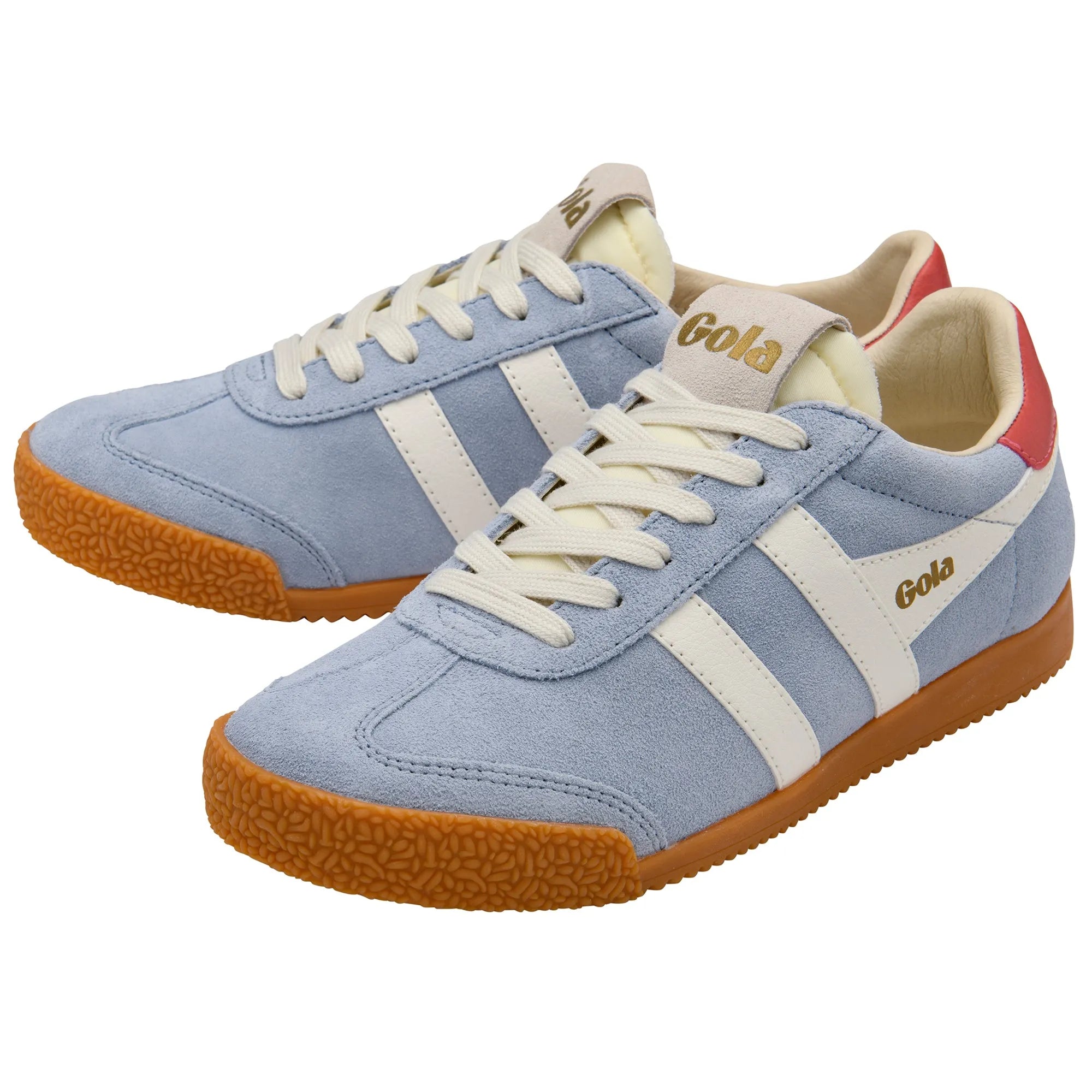 Gola CLB538 Elan ladies air/Off White/Coral leather lace-up trainers with gum sole, sporty design, and stylish color accents.