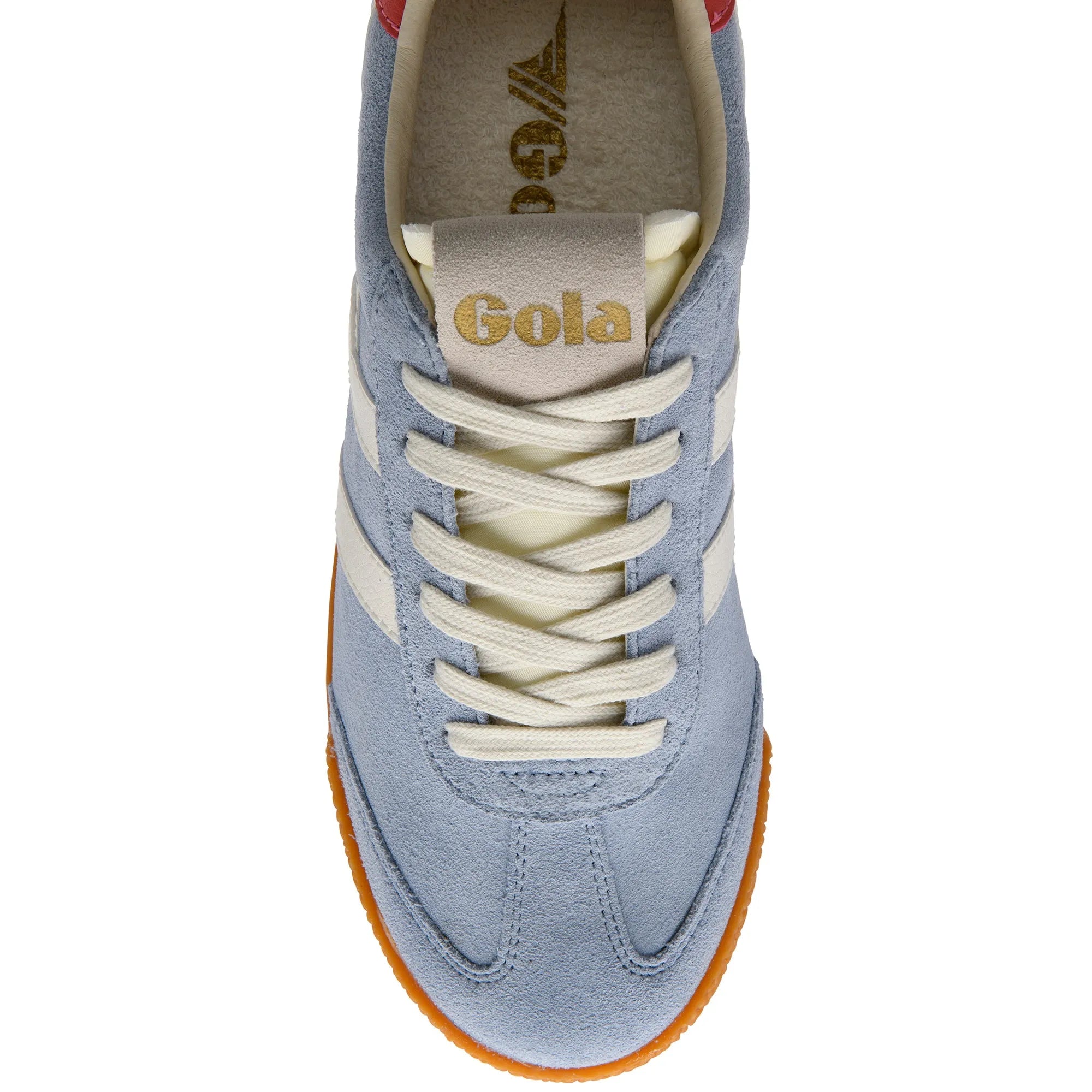 Gola CLB538 Elan ladies sneakers with off-white, coral leather accents, lace-up design, and suede upper for casual style.