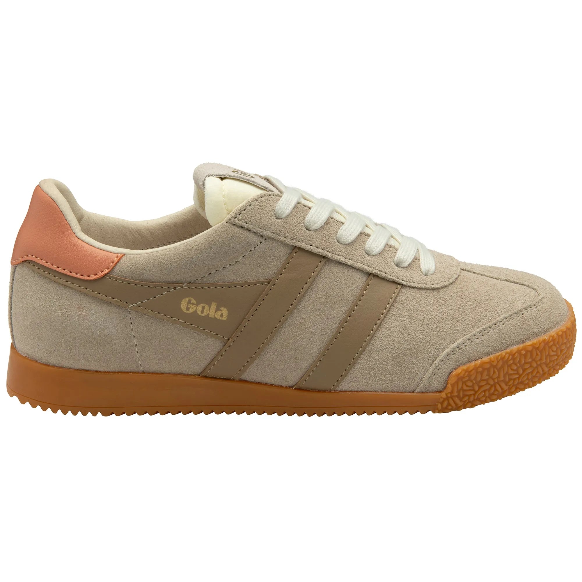 Gola CLB538 Elan Ladies Leather Trainers in Bone, Light Caramel, and Terracota with lace-up closure and rubber sole.