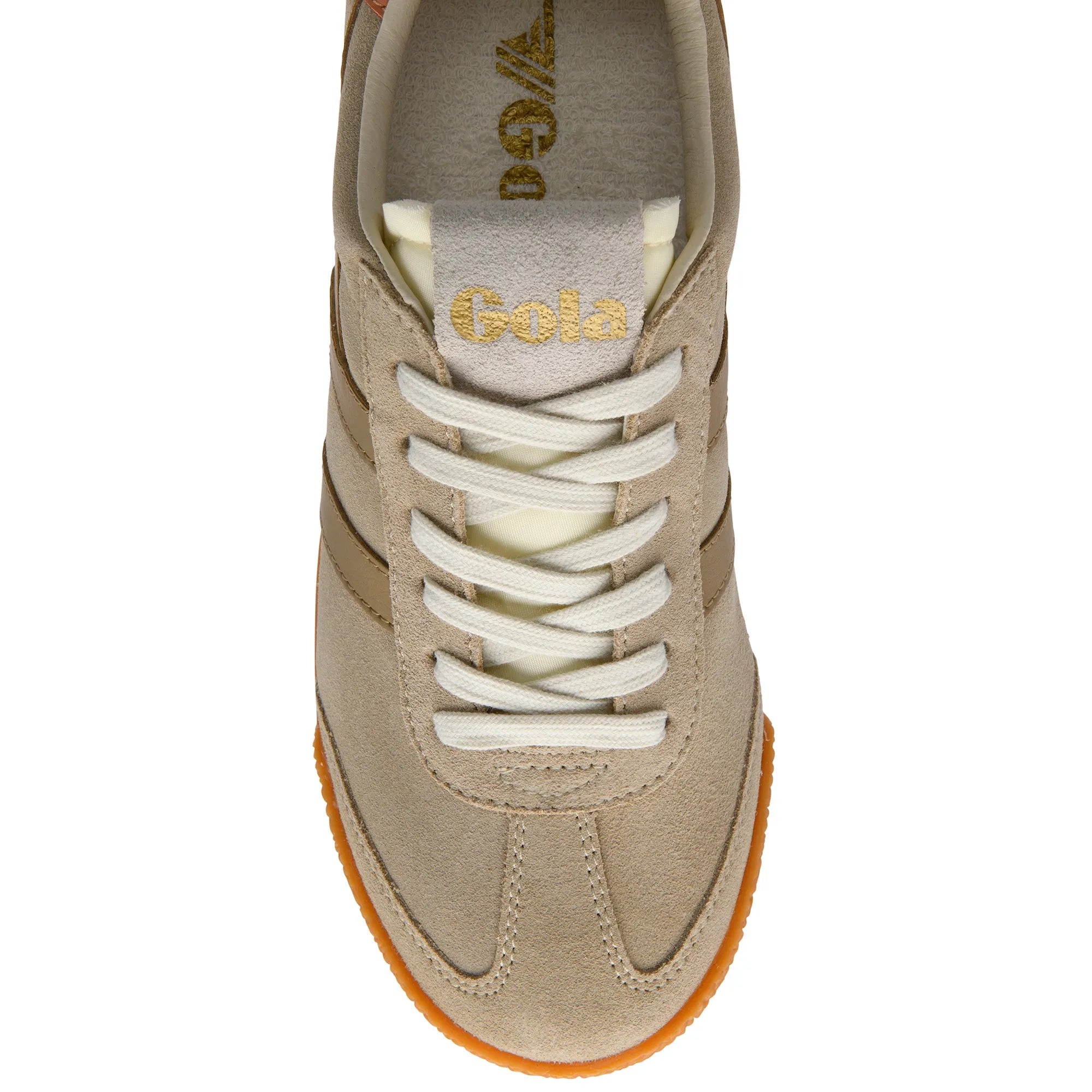 Gola CLB538 Elan ladies lace-up trainers in bone, light caramel, and terracotta leather with white laces and orange sole.