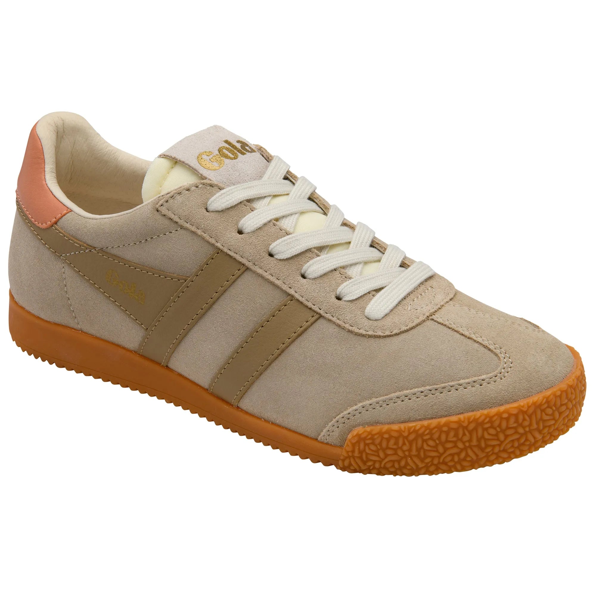 Gola CLB538 Elan ladies leather lace-up trainers in bone, light caramel, and terracotta with beige suede accents and gum sole.