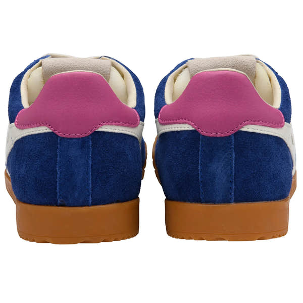 Gola CLB538 Elan ladies' deep blue, off-white, and shocking pink leather lace-up trainers, with gum sole detail.