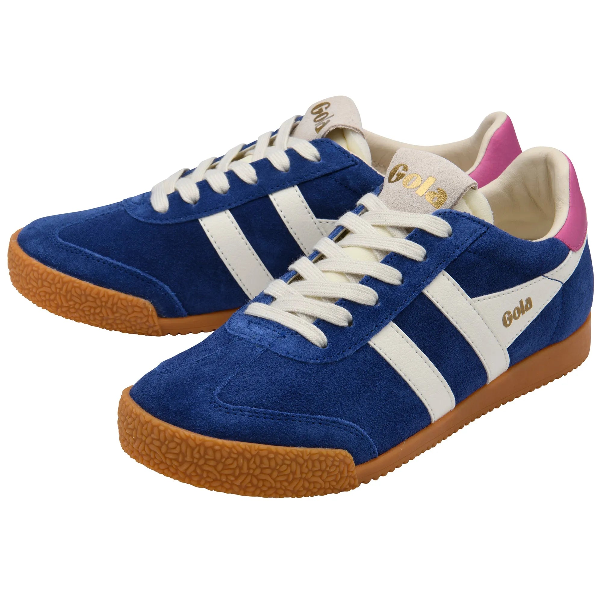 Gola CLB538 Elan Ladies' deep blue, white, and shocking pink leather lace-up trainers with gum sole.