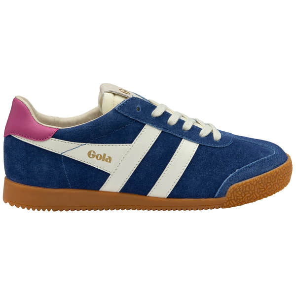 Gola CLB538 Elan Ladies deep blue, off-white, and shocking pink leather lace-up trainers with gum rubber sole.
