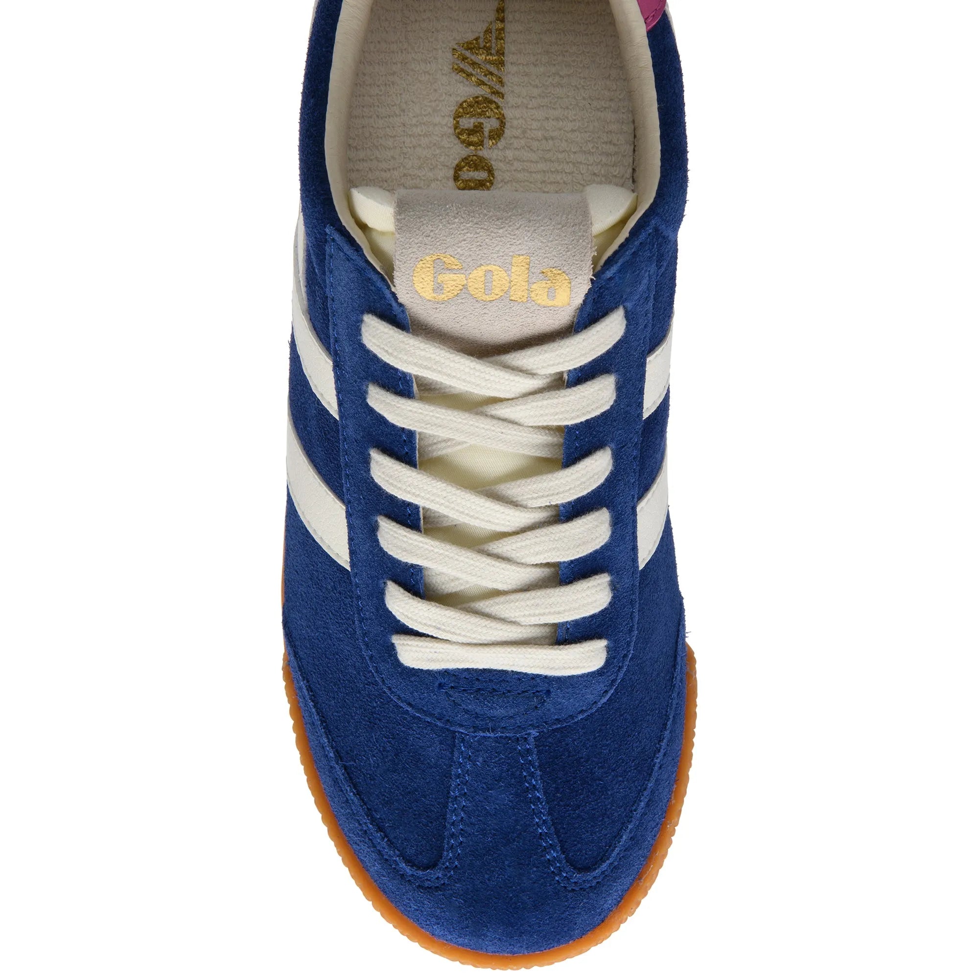 Gola CLB538 Elan ladies deep blue, off-white, and shocking pink leather lace-up trainers with white laces and gum sole.