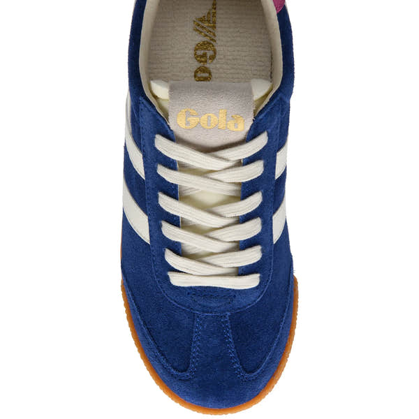Gola CLB538 Elan ladies deep blue, off-white, and shocking pink leather lace-up trainers with white laces and gum sole.