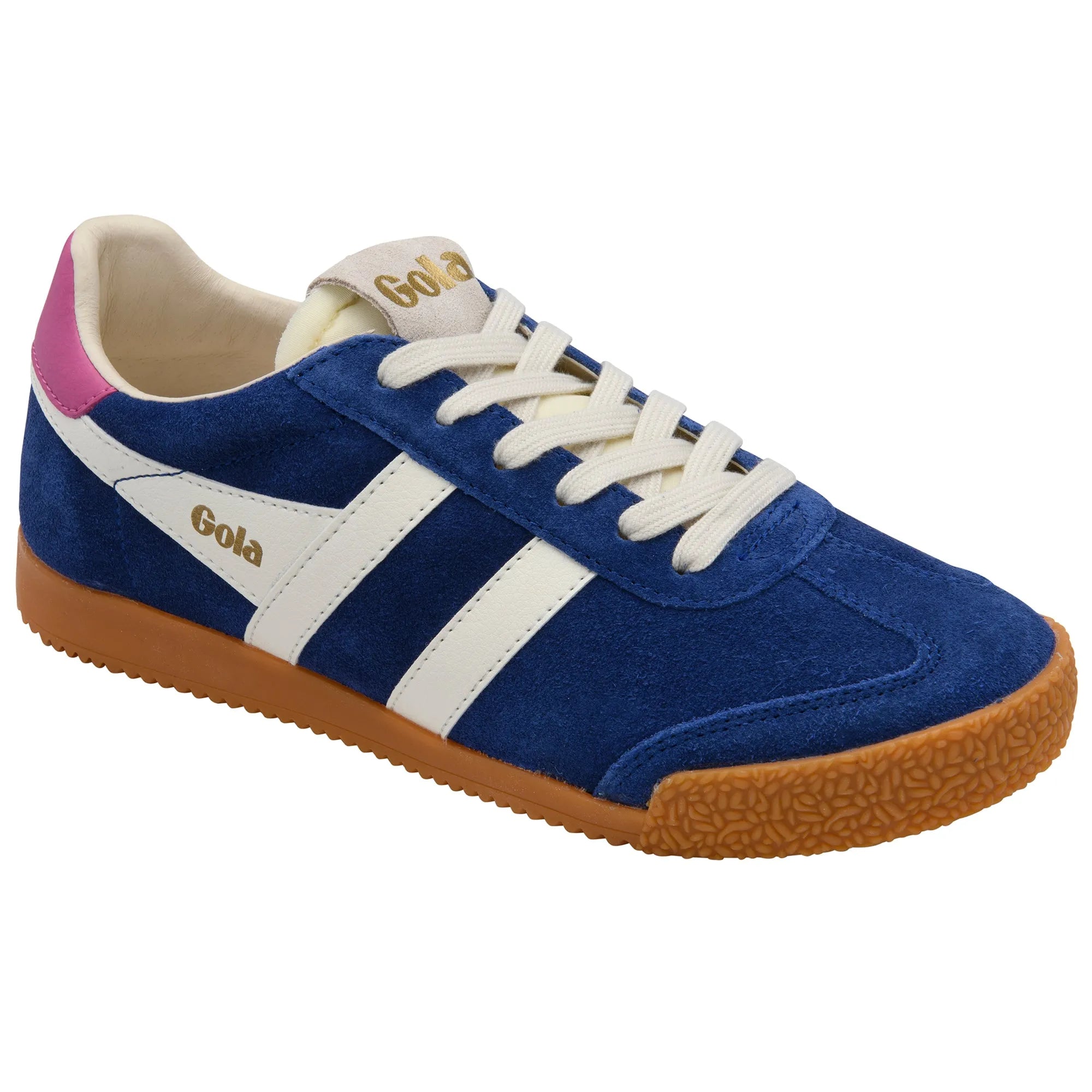 Gola CLB538 Elan women's deep blue/white/shocking pink leather lace-up trainers with gum sole.