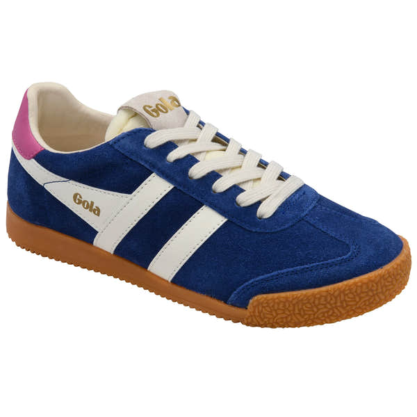 Gola CLB538 Elan women's deep blue/white/shocking pink leather lace-up trainers with gum sole.