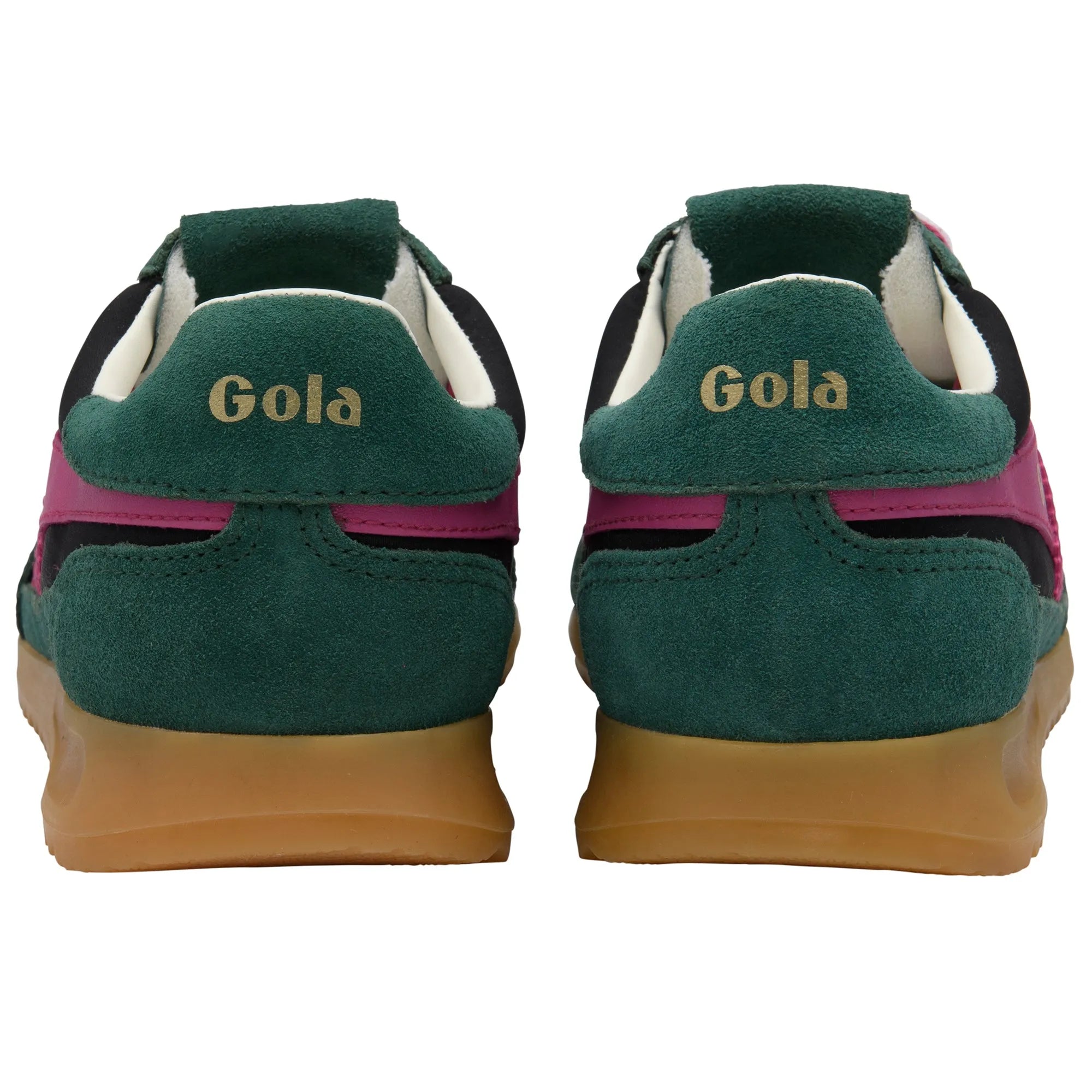 Gola CLB577 Firefly Ladies Trainers with black, pine, and fuchsia leather and textile, lace-up design, and tan rubber sole.