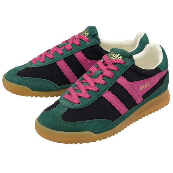 Gola CLB577 Firefly women's black, pink, and pine leather and textile lace-up trainers with gum sole.