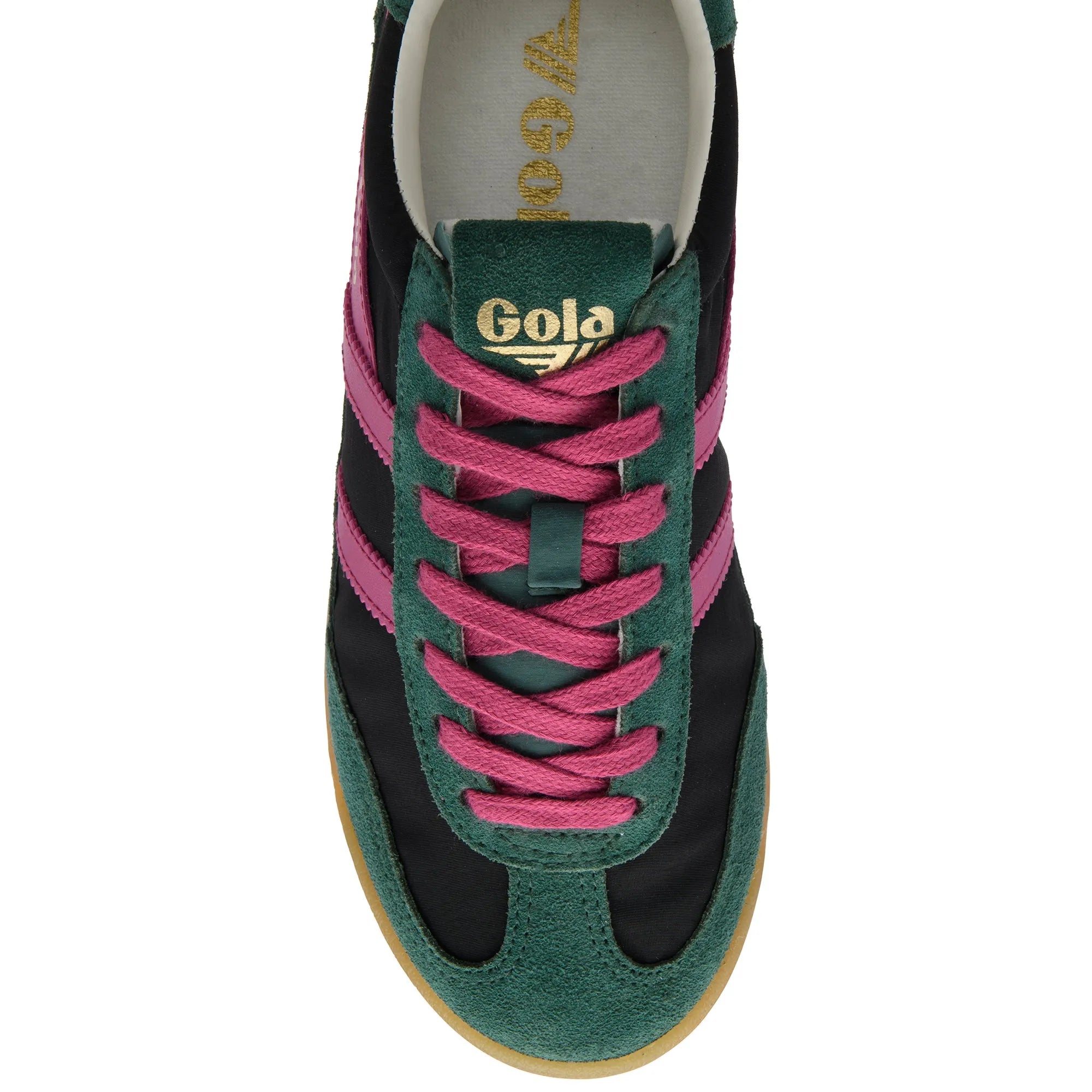 Gola CLB577 Firefly women's black, pine, and fuchsia leather and textile lace-up trainers with pink laces and gum outsole.